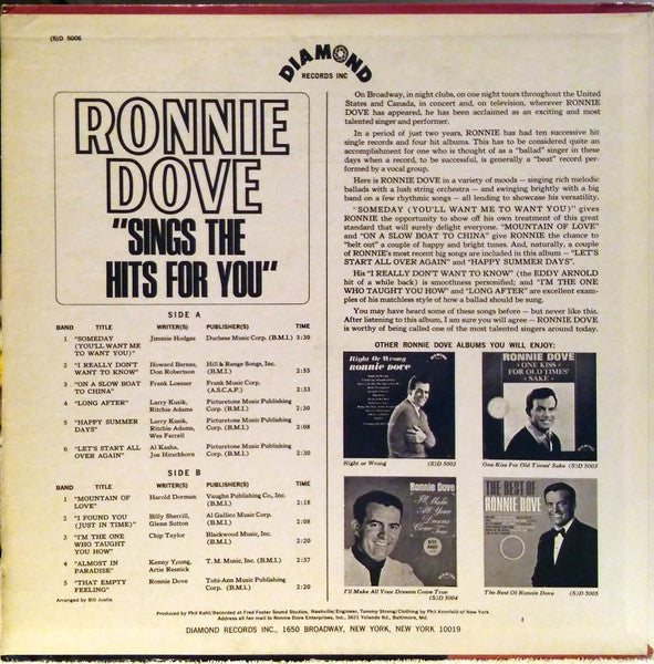 Ronnie Dove : Sings The Hits For You (LP, Album)