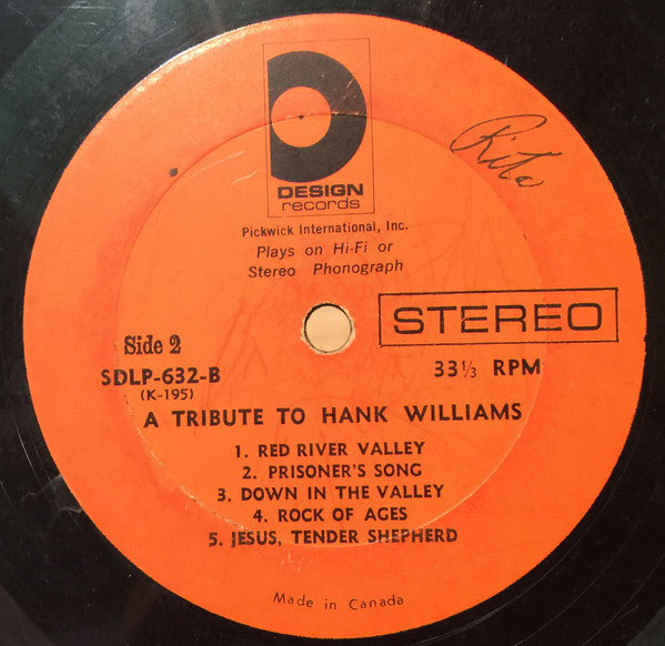 Unknown Artist : A Tribute To Hank Williams (LP, Album, Comp)