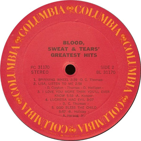 Blood, Sweat And Tears : Blood, Sweat & Tears Greatest Hits (LP, Comp, RE, Pit)