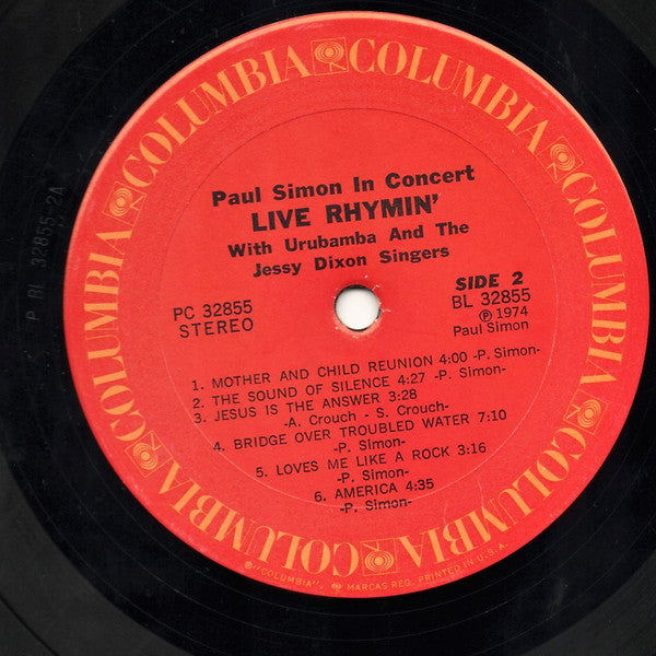 Paul Simon With Urubamba And The Jessy Dixon Singers : Paul Simon In Concert Live Rhymin' (LP, Album)