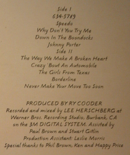 Ry Cooder : Borderline (LP, Album, Win)