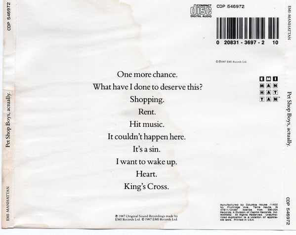 Pet Shop Boys : Actually (CD, Album, Club)