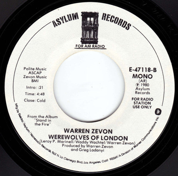 Warren Zevon : Lawyers, Guns And Money / Werewolves Of London (7", Single, Mono, Promo, AR )