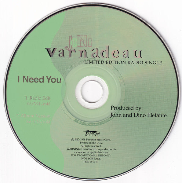 Jeni Varnadeau : I Need You (CD, Single, Promo)