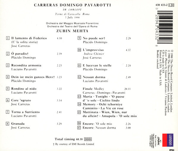 José Carreras, Placido Domingo, Luciano Pavarotti, Zubin Mehta : In Concert (CD, Album)