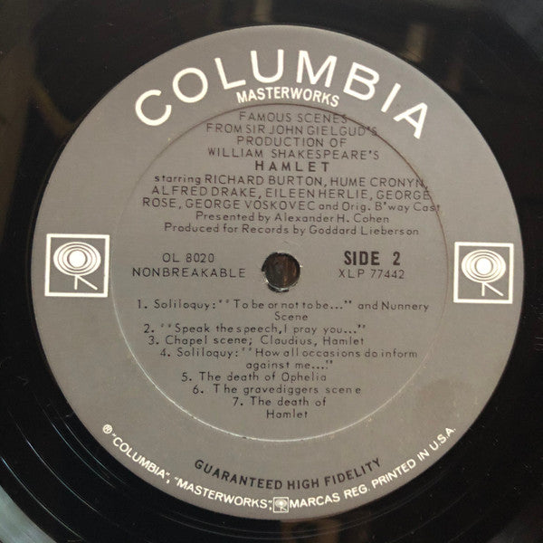 Richard Burton (2), Hume Cronyn, Alfred Drake, Eileen Herlie, George Rose, Jiří Voskovec and "Hamlet" Original Broadway Cast, Alexander H. Cohen : Famous Scenes From Sir John Gielgud's Production Of William Shakespeare's Hamlet (LP, Album, Mono)