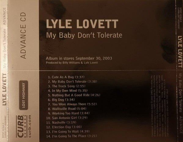 Lyle Lovett : My Baby Don't Tolerate (CD, Advance)