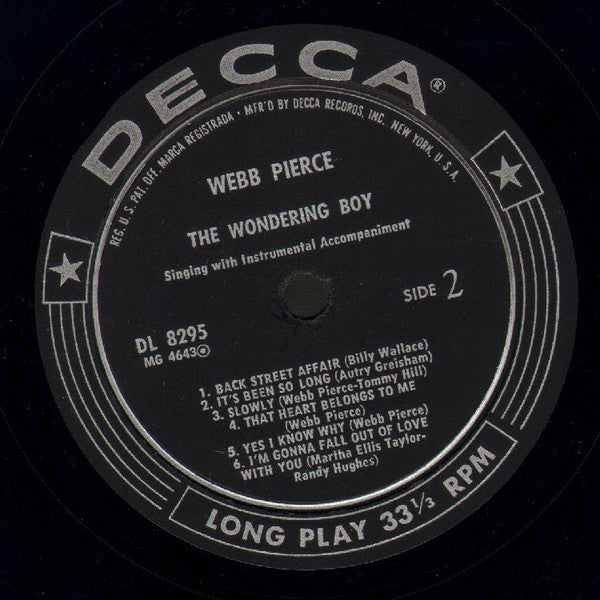 Webb Pierce : The Wondering Boy (LP, Album, Mono, Glo)