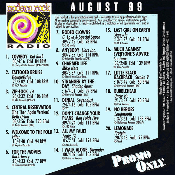 Various : Promo Only Modern Rock Radio: August 99 (CD, Comp, Promo)