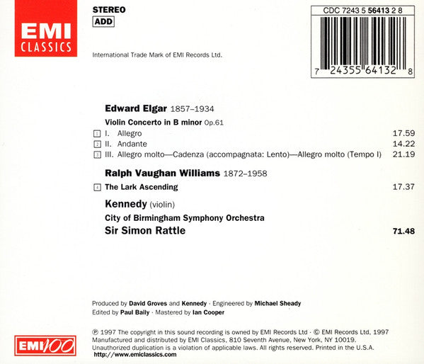 Sir Edward Elgar, Ralph Vaughan Williams, Nigel Kennedy, Sir Simon Rattle, City Of Birmingham Symphony Orchestra : Violin Concerto / The Lark Ascending (CD, Album)