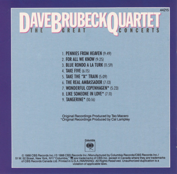 Dave Brubeck Quartet* : The Great Concerts... Amsterdam, Copenhagen, Carnegie Hall (CD, Comp, RM)