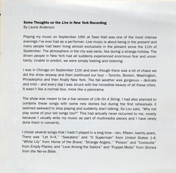 Laurie Anderson : Live At Town Hall New York City September 19-20, 2001 (2xCD, Album)