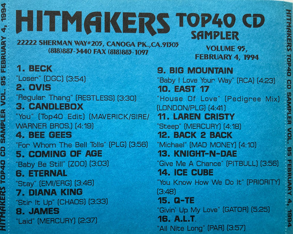 Various : Hitmakers Top 40 CD Sampler Volume 95 February 4, 1994 (CD, Promo, Smplr)