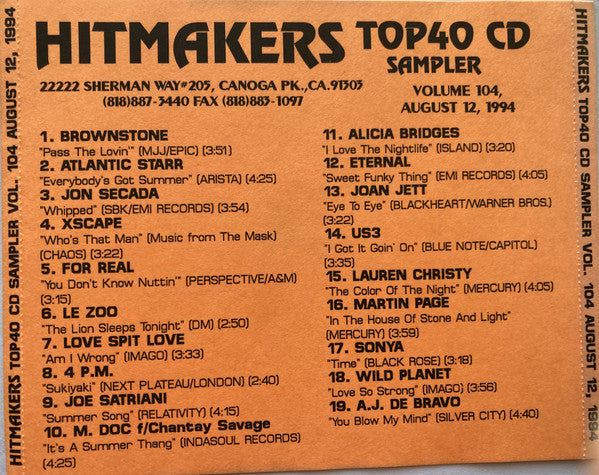 Various : Hitmakers Top 40 CD Sampler Volume 104 August 12, 1994 (CD, Promo, Smplr)