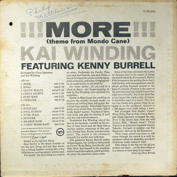 Kai Winding Featuring Kenny Burrell : !!! More !!! (Theme From Mondo Cane) (LP, Album, Mono, MGM)