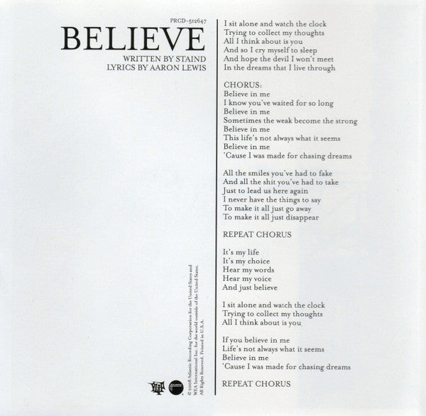 Staind : Believe (CD, Single, Promo)