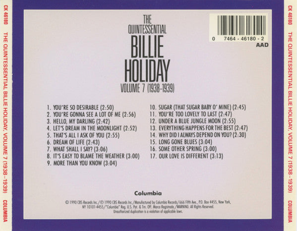 Billie Holiday : The Quintessential Billie Holiday Volume 7 (1938-1939) (CD, Comp, RM)