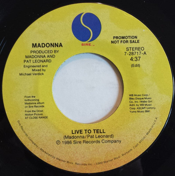Madonna : Live To Tell (7", Single, Promo)