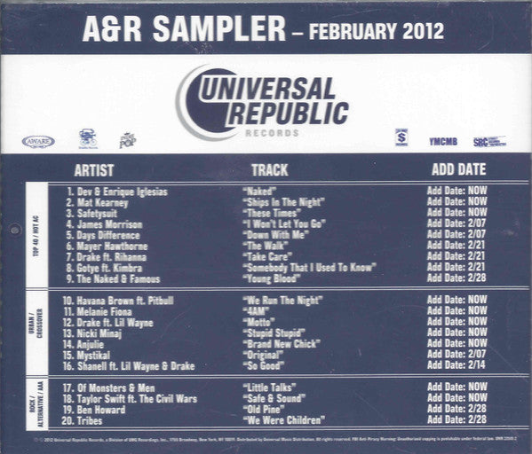 Various : A&R Sampler (February 2012 Volume 54) (CD, Promo, Smplr)