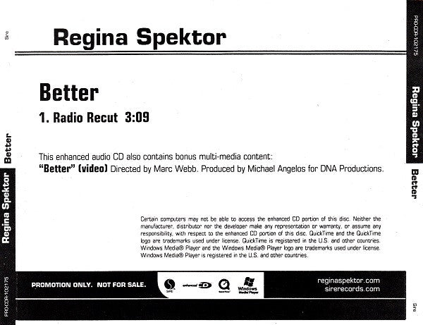 Regina Spektor : Better (CD, Single, Enh, Promo)