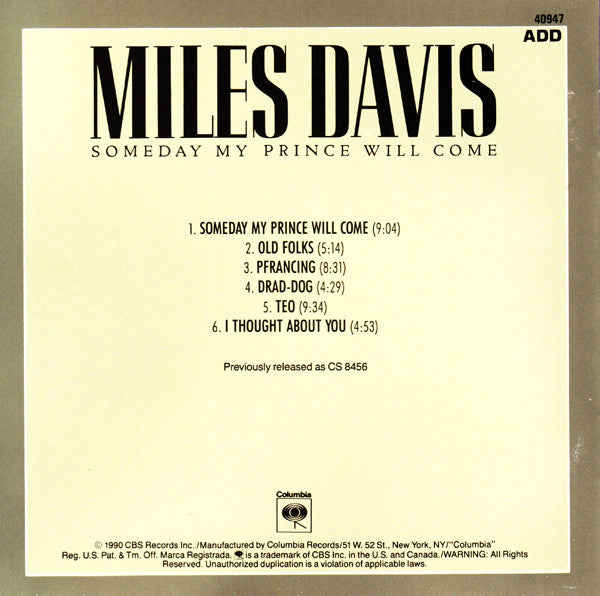 Miles Davis : Someday My Prince Will Come (CD, Album, RE, RM)