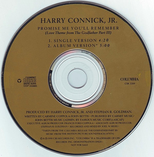 Harry Connick, Jr. : Promise Me You'll Remember (Love Theme From The Godfather III) (CD, Single, Promo)