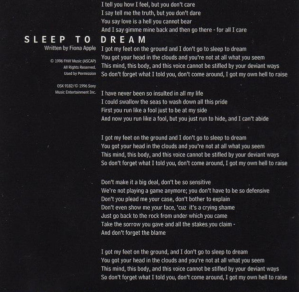 Fiona Apple : Sleep To Dream (CD, Single, Promo)