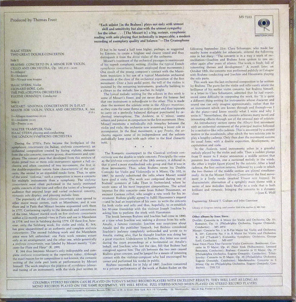Johannes Brahms, Wolfgang Amadeus Mozart, Isaac Stern, Leonard Rose, Eugene Ormandy, Walter Trampler, The Philadelphia Orchestra, London Symphony Orchestra : Double Concerto / Sinfonia Concertante (LP, 2-E)
