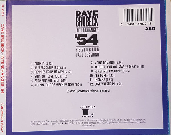Dave Brubeck Featuring Paul Desmond : Interchanges '54 (CD, Comp, Mono, RM, RP)