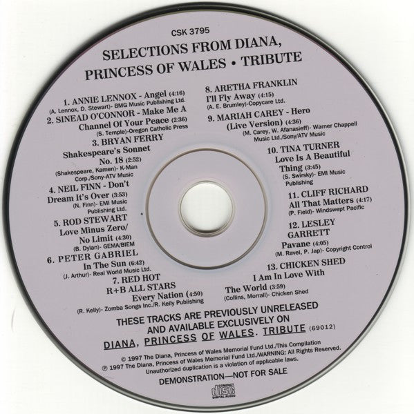 Various : Selections From Diana Princess Of Wales Tribute (CD, Comp, Promo, Smplr)