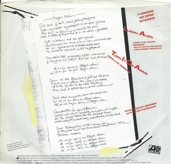 Genesis : Illegal Alien (7", Single, Promo, SP,)