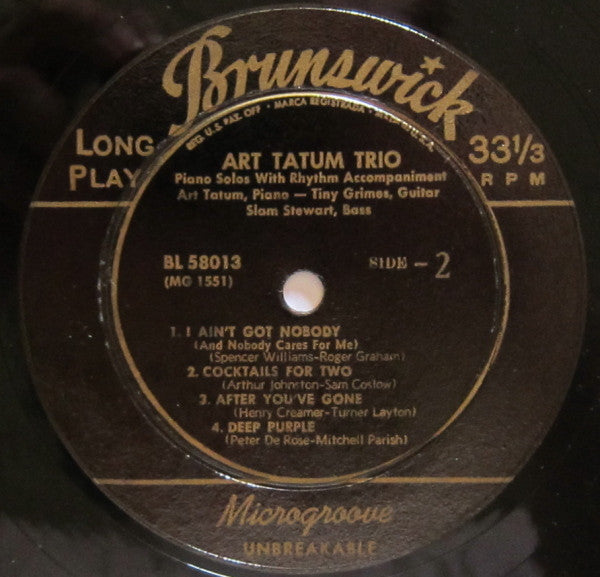 Art Tatum Trio : Piano Solos With Rhythm Accompaniment (10")