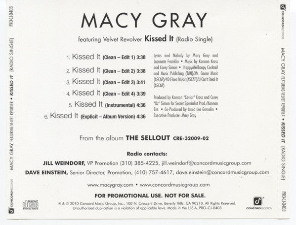 Macy Gray Featuring Velvet Revolver : Kissed It (CD, Single, Promo)