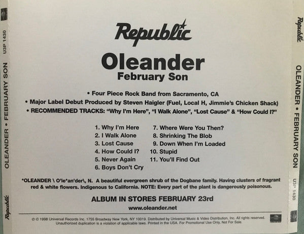 Oleander : February Son (CD, Advance, Album, Promo)