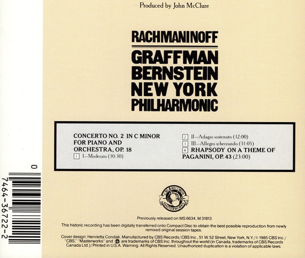 Sergei Rachmaninoff – Gary Graffman, Leonard Bernstein / New York Philharmonic : Piano Concerto No. 2 / Rhapsody On A Theme Of Paganini (CD, Album, RE, RM)