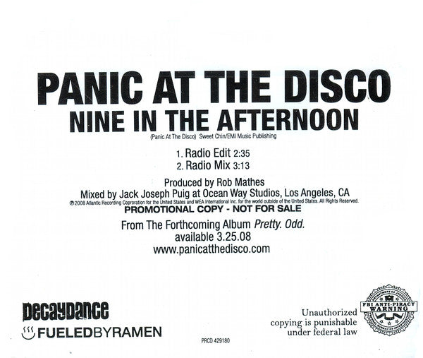 Panic! At The Disco : Nine In The Afternoon (CD, Promo)