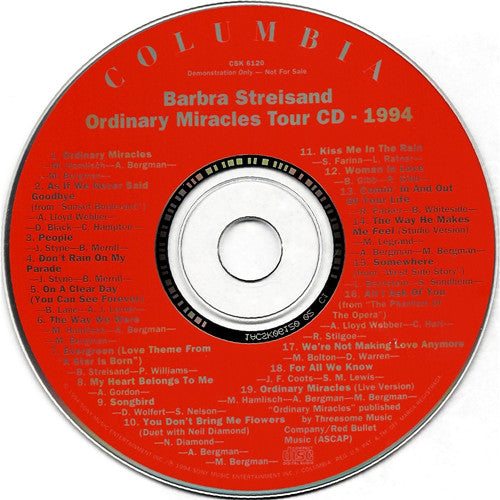 Barbra Streisand : Ordinary Miracles Tour CD 1994 (CD, Comp, Promo)
