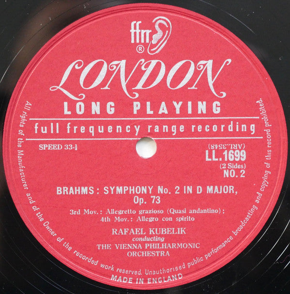 Johannes Brahms, Rafael Kubelik Conducting Wiener Philharmoniker : Symphony No. 2 In D Major (Opus 73) (LP)