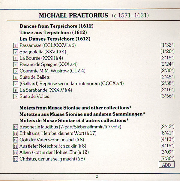 Michael Praetorius, The Early Music Consort Of London, David Munrow : Terpsichore 1612: Dances/Tänze - Motets/Motetten - Musae Sioniae (CD, RE)