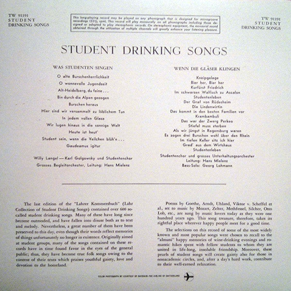 Unknown Artist : Student Drinking Songs (Studentenlieder Kommerslieder) (LP, Comp)