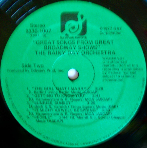 The Rainy Day Orchestra : Great Songs From Great Broadway Shows (LP)