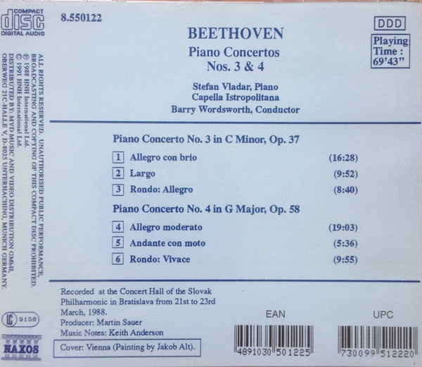 Ludwig van Beethoven - Stefan Vladar, Capella Istropolitana, Barry Wordsworth : Piano Concertos Nos. 3 & 4 (CD, Album)