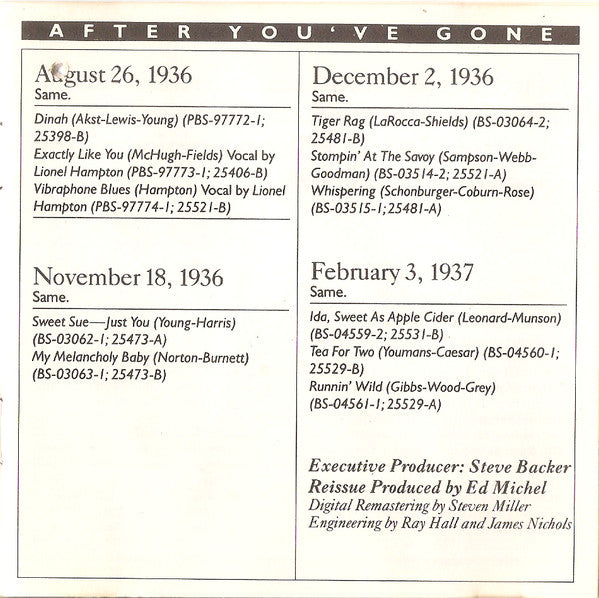 Benny Goodman : After You've Gone (The Original Benny Goodman Trio And Quartet Sessions - Vol. 1) (CD, Comp)