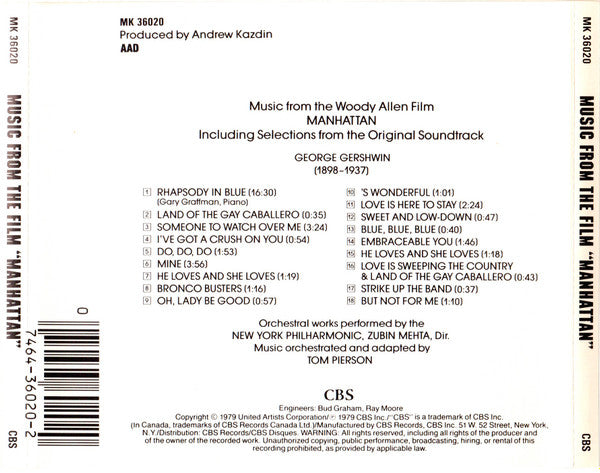 George Gershwin - New York Philharmonic Conducted By Zubin Mehta With Gary Graffman : Music From The Woody Allen Film "Manhattan" (CD, Album, RE)