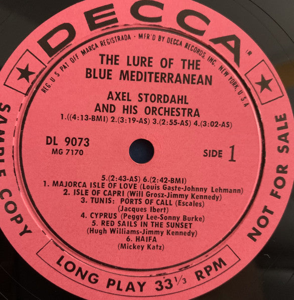 Axel Stordahl Orchestra : The Lure Of The Blue Mediterranean (LP, Album, Mono, Promo, Gat)