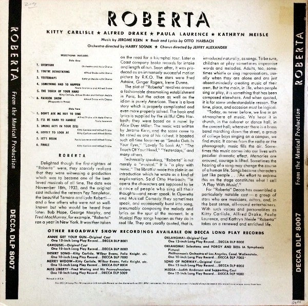 Jerome Kern, Otto Harbach - Kitty Carlisle, Alfred Drake, Paula Laurence, Kathryn Meisle : Roberta (A Musical Production) (LP, Album)
