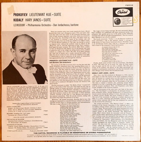 Sergei Prokofiev, Zoltán Kodály, Erich Leinsdorf, Philharmonia Orchestra : Lieutenant Kije Suite · Hary Janos Suite (LP, Album, Mono)