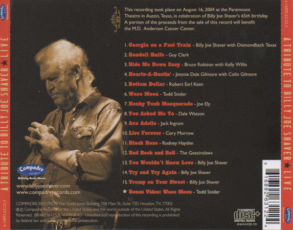 Various : A Tribute To Billy Joe Shaver - Live (CD, Album)