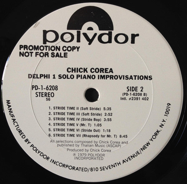 Chick Corea : Delphi 1 Solo Piano Improvisations (LP, Album, Promo)