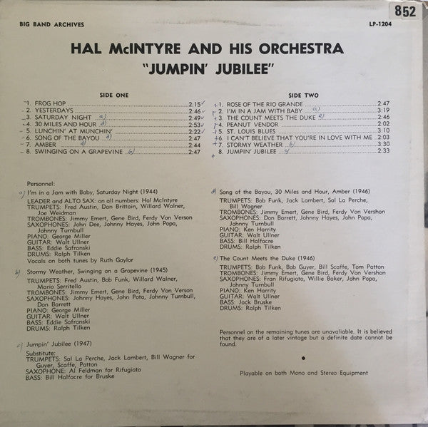 Hal McIntyre And His Orchestra : Jumpin' Jubilee (LP, Album, Mono)